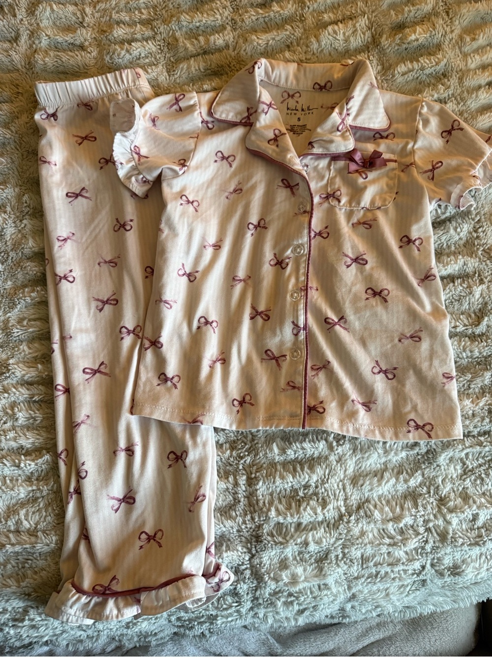 Nicole Miller Pink Pajama Set with Mauve Bow Print